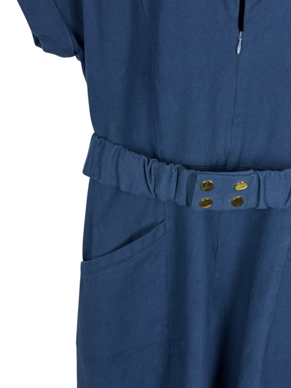 LAROQUE ALY BLUE COTTON TWILL COLLARED BELTED SHORT SLEEVE MIDI DRESS - Picture 13 of 16